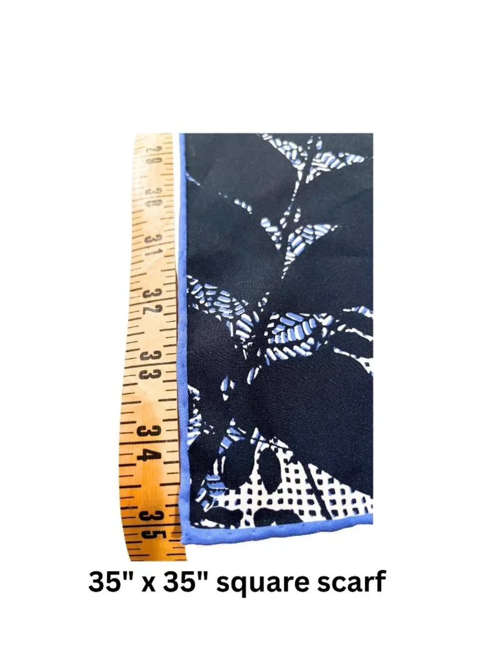 Large Striking Silky Blue & Ivory Floral Botantical Leaf Scarf - 35